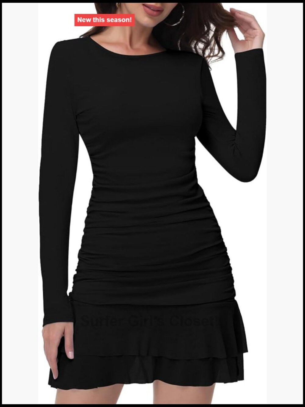 Long Sleeve Bodycon Mini Dress Boat Neck Ruched Mesh Ruffle Hem Club Party Dress